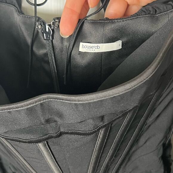 House of CB Black Silk Gianna Corset Cold Shoulder Long Sleeve Body-Con Dress S - Picture 10 of 13